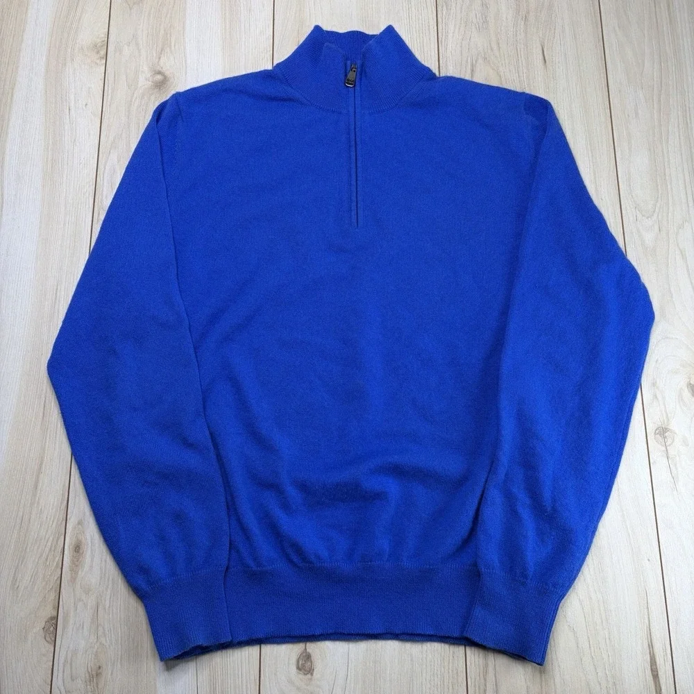 Paul Stuart 100% Cashmere Blue Quarter zip Sweater Size L Made In Italy